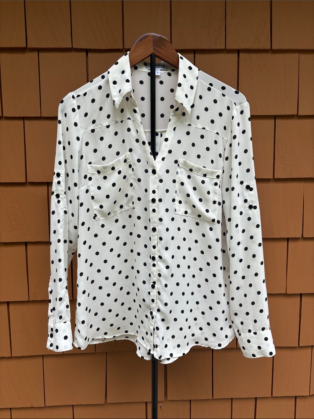 EXPRESS | Ivory Portofino Polka Dot Button Down Retro Chic Mod Blouse | Size L